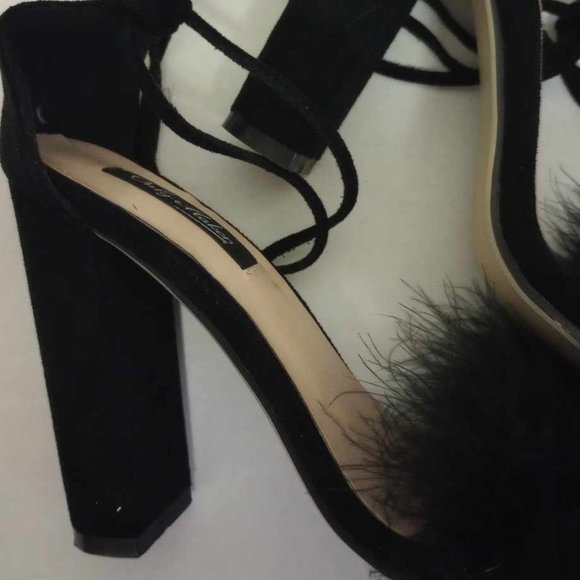 Black feather heels lace up 3-4 inch heels size 6 - Picture 3 of 7